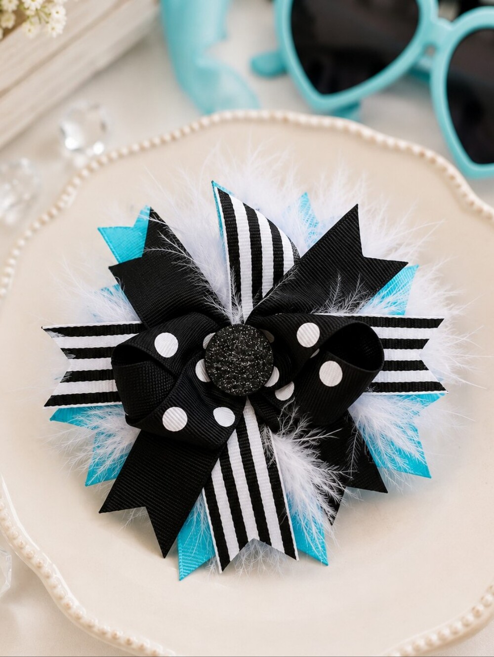 Turquoise Black OTT Boutique Hair Bow Marabou Glitter Girls 5 Inch